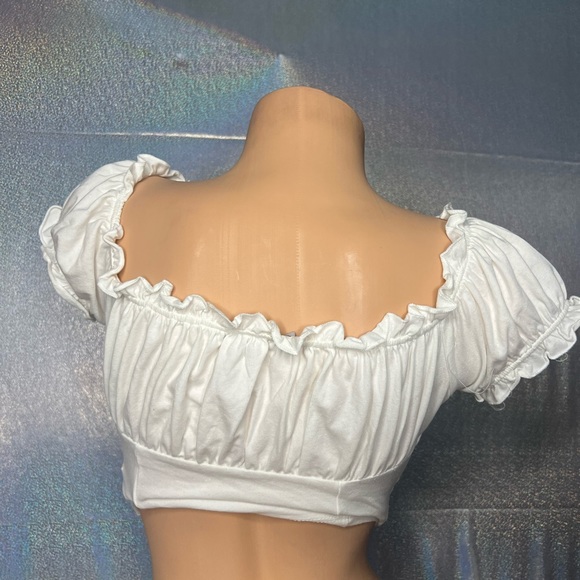 Fashion nova top milk maid ruffle frill bow tie sexy cute puff shoulder cottage - Picture 3 of 8